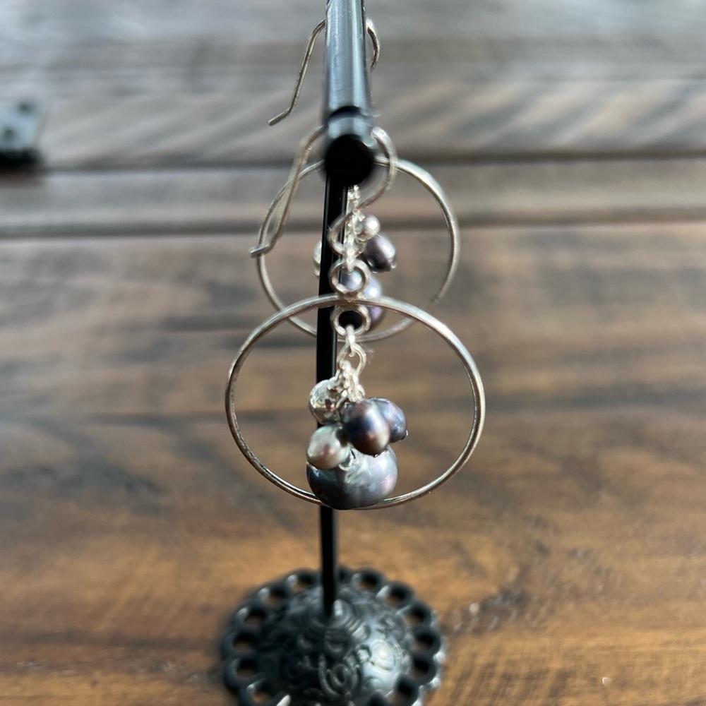 Vintage Sterling Silver Genuine Peacock & Lavender Baroque Pearls Hoop Earrings